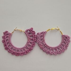 Gold and Pink Hoop Earrings with Crochet Design